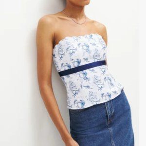 NWOT Reformation Evelyn Linen Top in Viva Blue White Floral Sleeveless